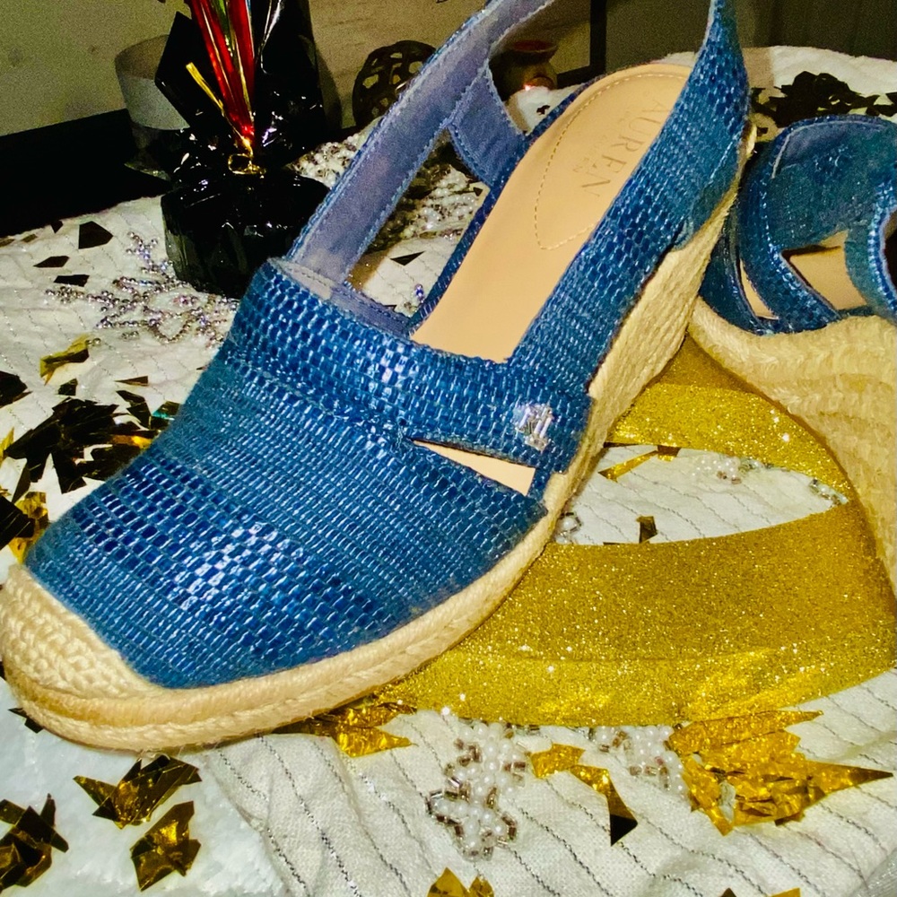 Ralph Lauren Blue Textured Espadrille Wedges